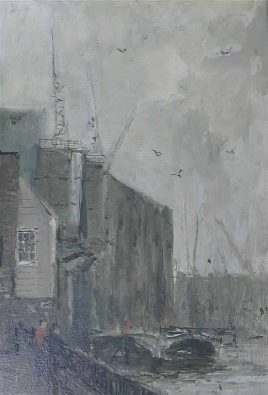 Edward Dawson, oil, The Angel, Rotherhithe, Grey Day, 26 x 18 cms